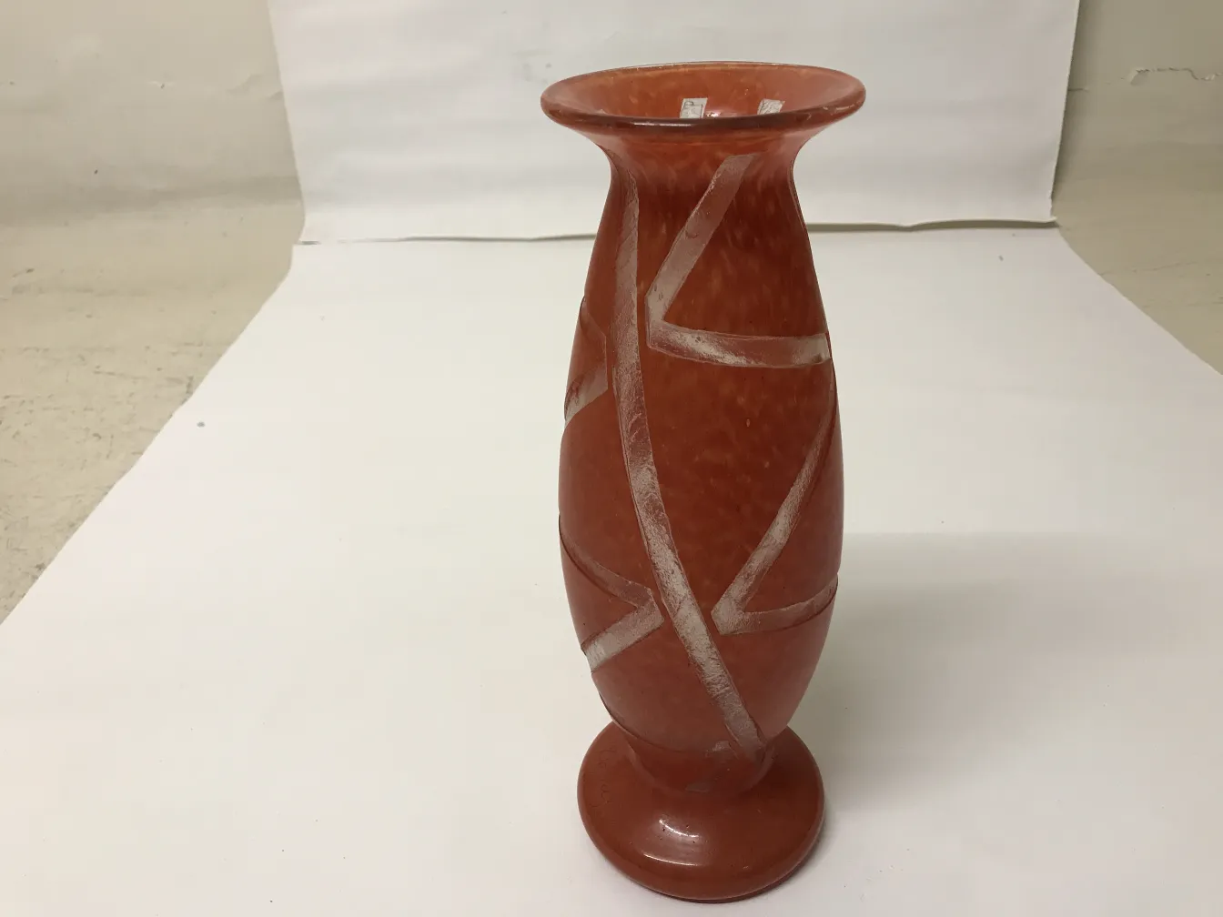 Antique signed glass vase by Degué with red patterns