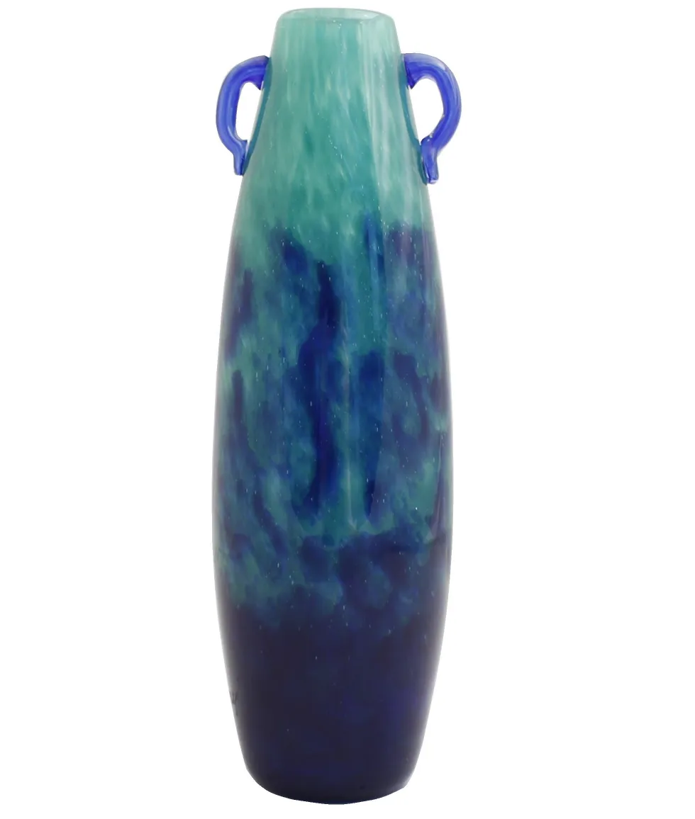Vase ancien avec finition bleue et verte, signé Degué