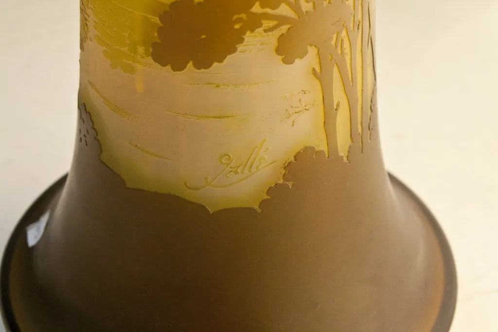 antique signed glass by Gallé featuring a landscape