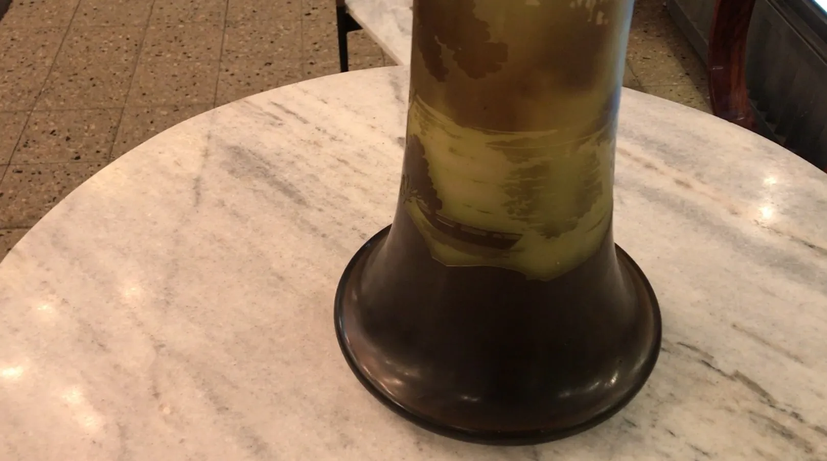 Antique signed glass Gallé featuring a landscape design.