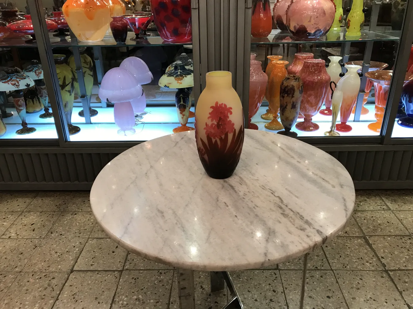 古董签名花瓶Gallé在大理石桌上