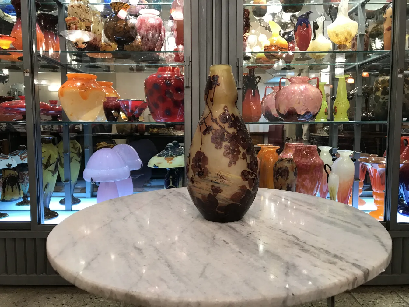Antique vase of signed Gallé glass on display