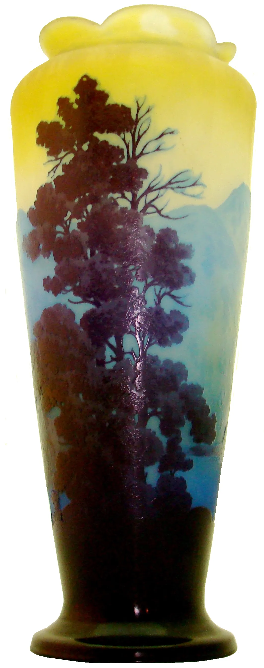 Gallé signed glass vase featuring a landscape with colors