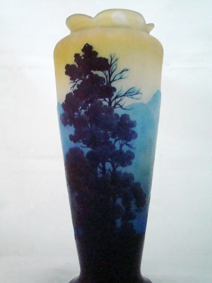 Antique signed glass piece by Gallé with blue and green design