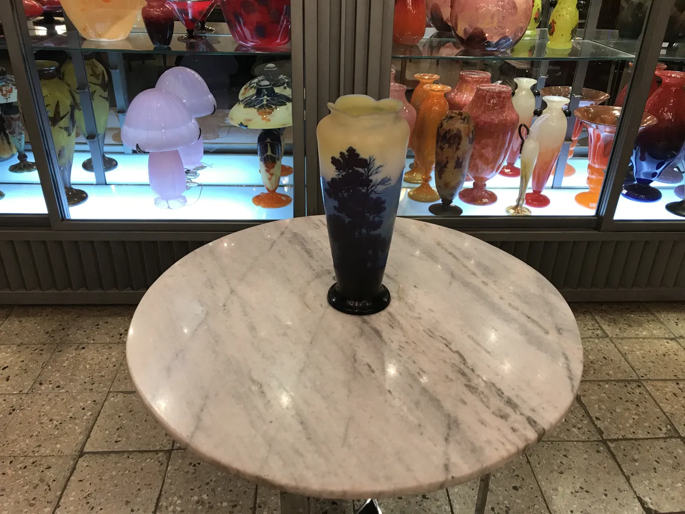 vase in vetro firmato gallé con decorazione di alberi scuri