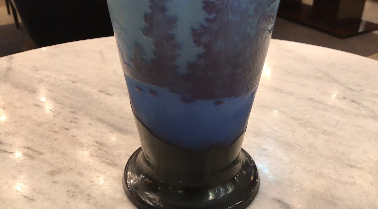 Signed Gallé glass with blue and purple colors, an antique artistic expression.