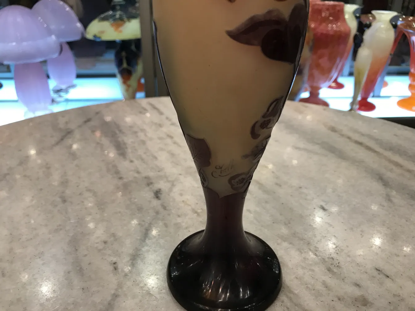 SIGNED GLASS Gallé featuring decorative design and base