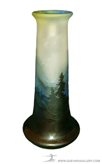 Antique vase depicting landscapes, signed Gallé visible.