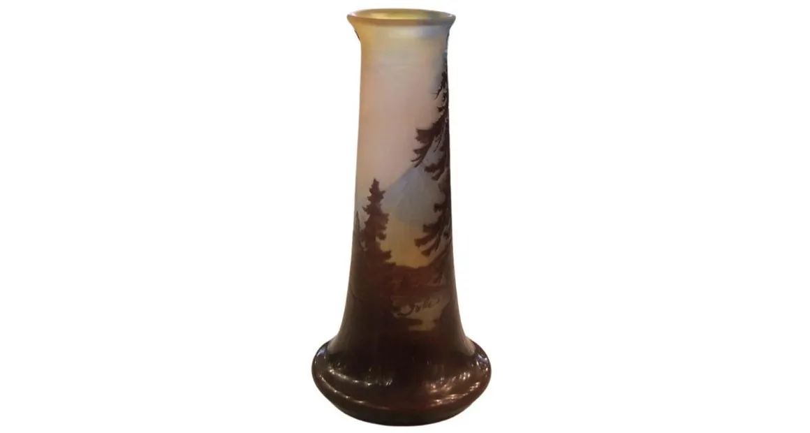 Antique signed glass Gallé featuring a painted landscape in warm tones.