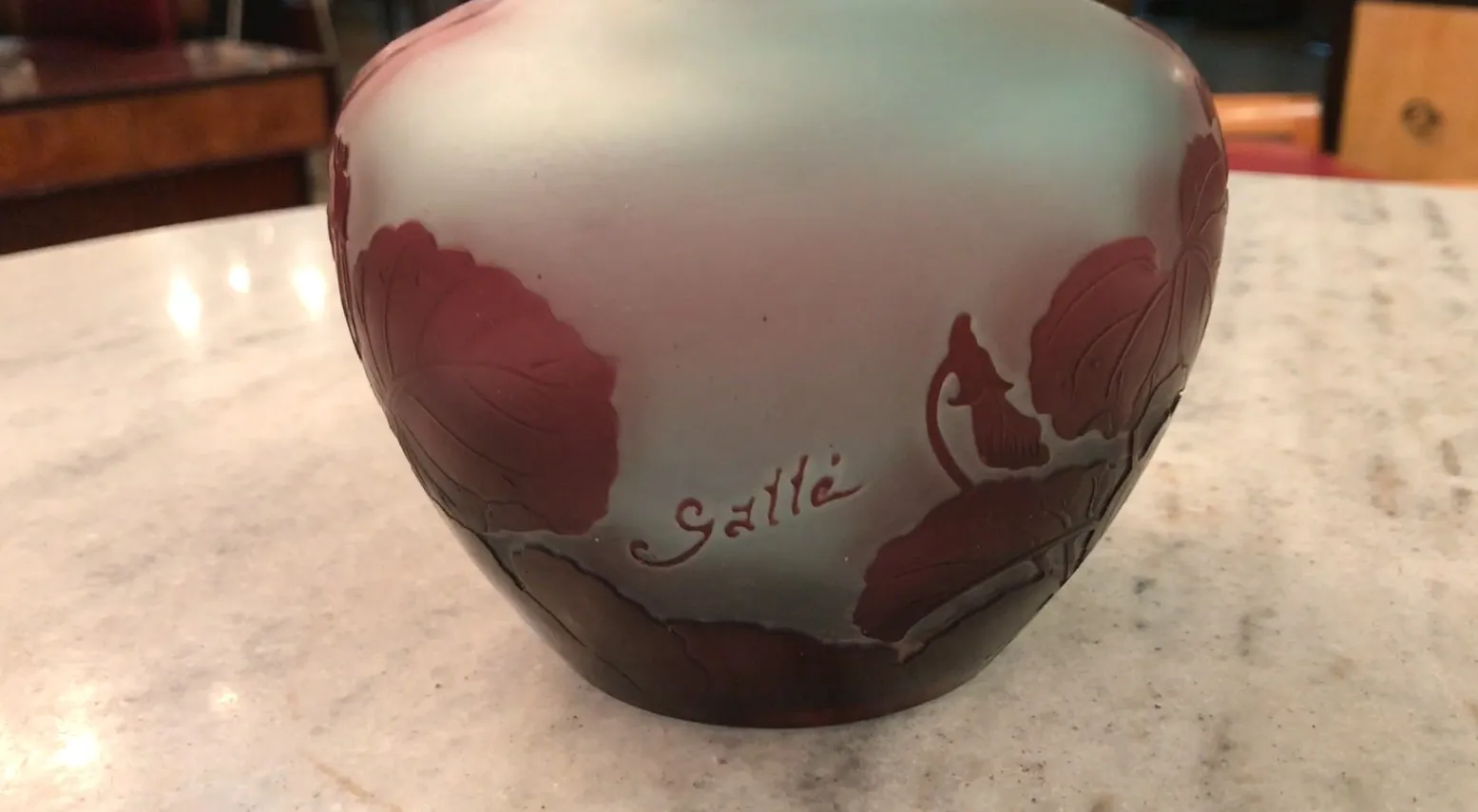 Antique signed glass with engraved leaves, Gallé.