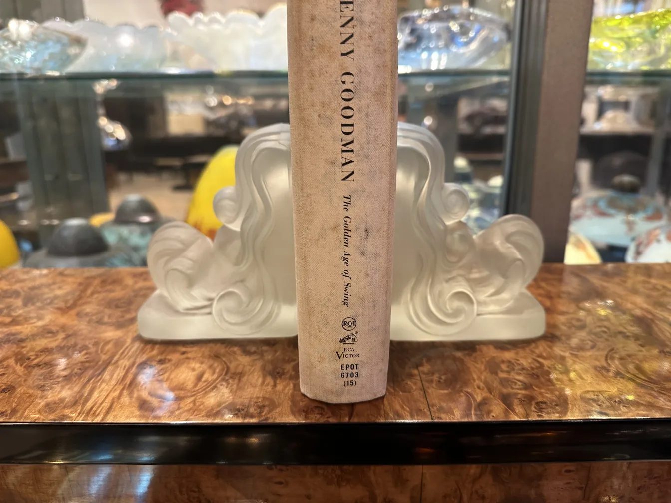 Signed glass on a decorative stand, antique at home