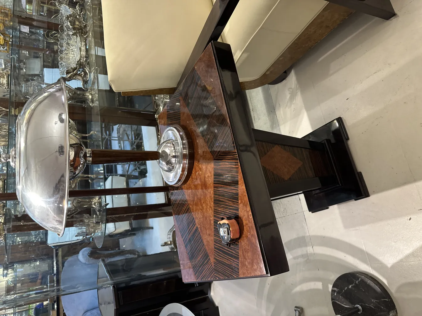 Antique glass lamp with wooden base and signed glass