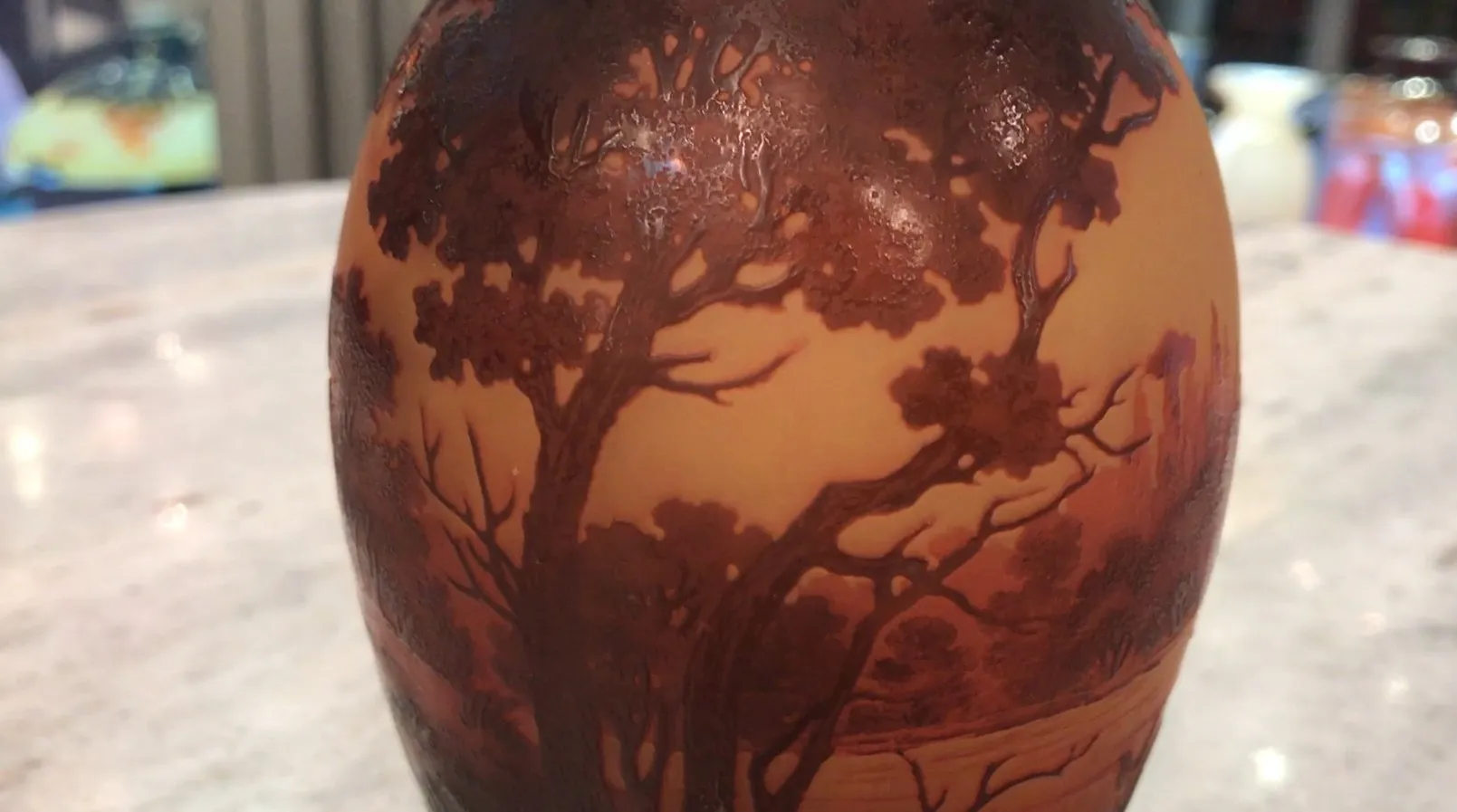 Antiquité verre signé D'Argental avec paysage d'arbres