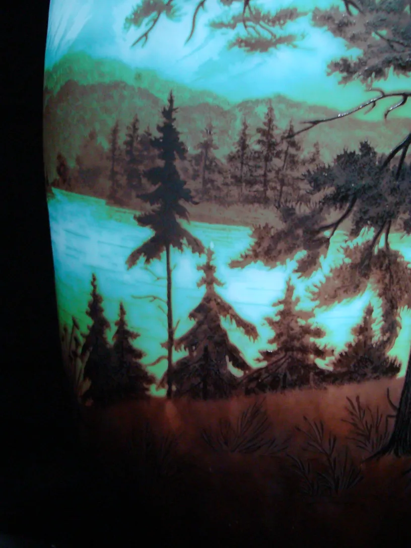 Antique signed glass D'Argental showcasing a natural scene.