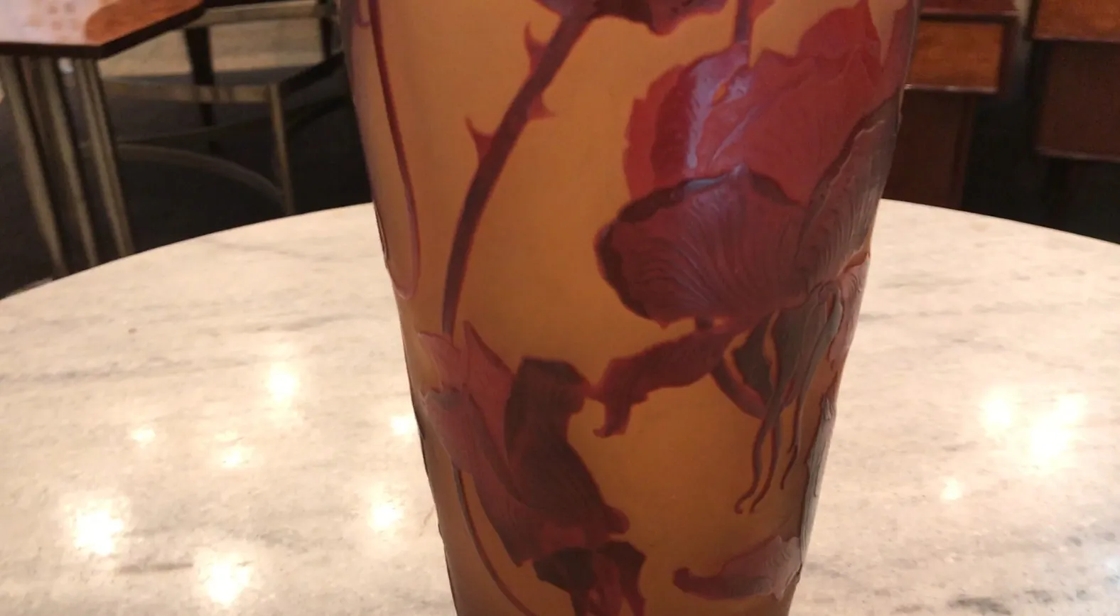 antique signed glass D'Argental with decorative flowers on amber background