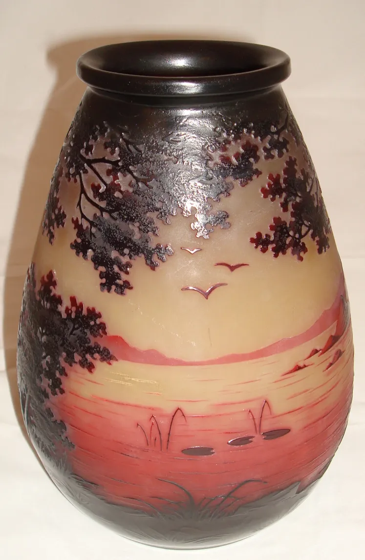 Antique vase of signed glass D'Argental with landscape