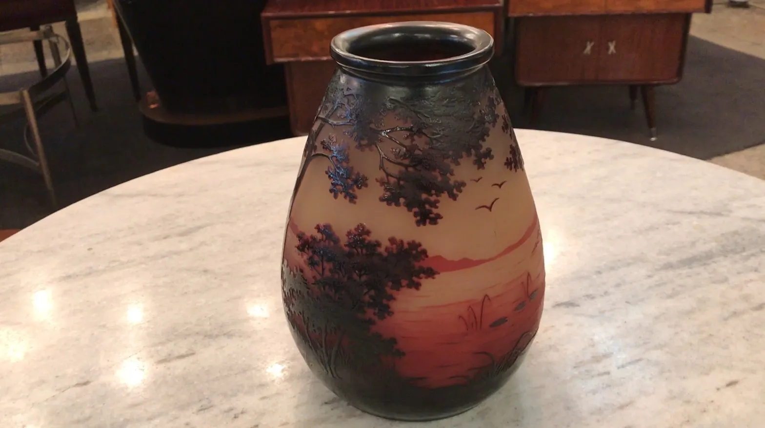 jarrón antiguo de vidrio firmado D'Argental con paisaje