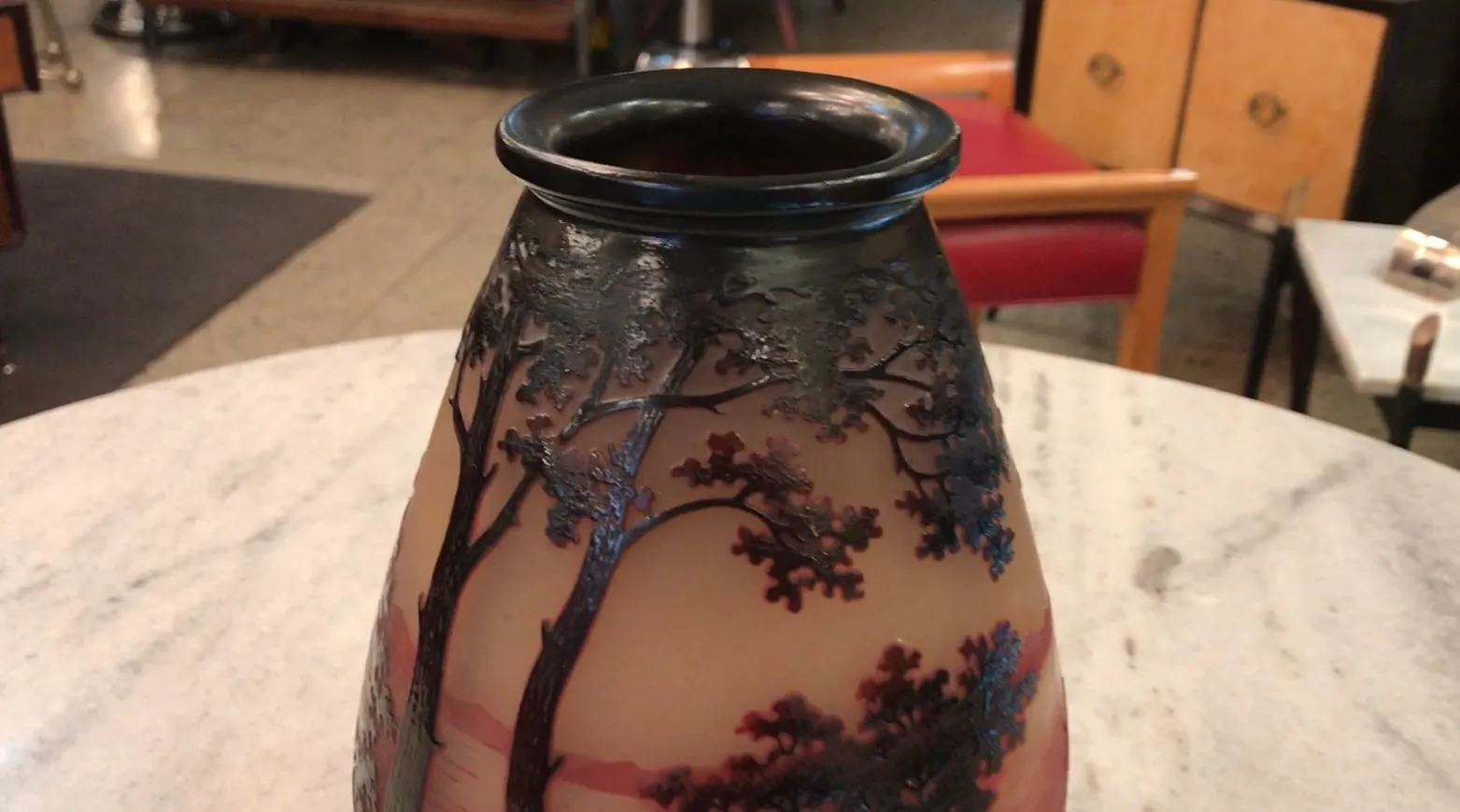 antique glass vase with tree design, signed d'argental
