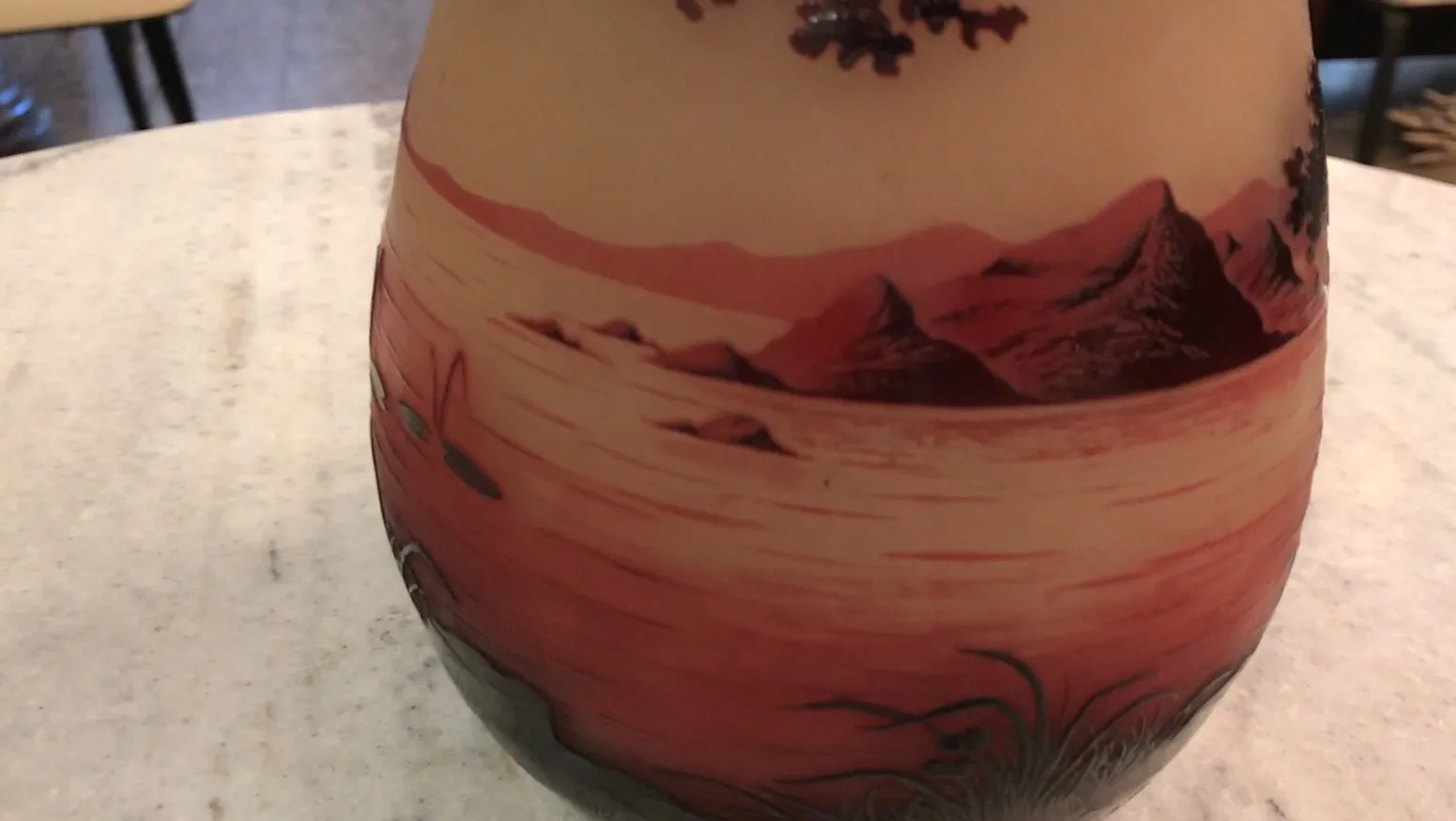 Antique signed glass D'Argental featuring warm landscape designs.