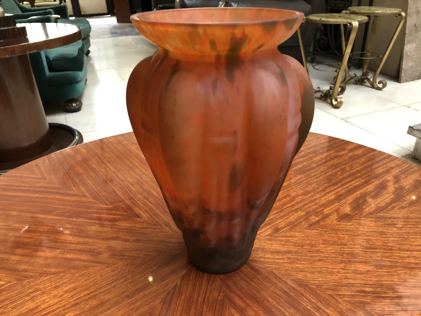 Antique signed glass Lorrain with warm tones and elegant design.