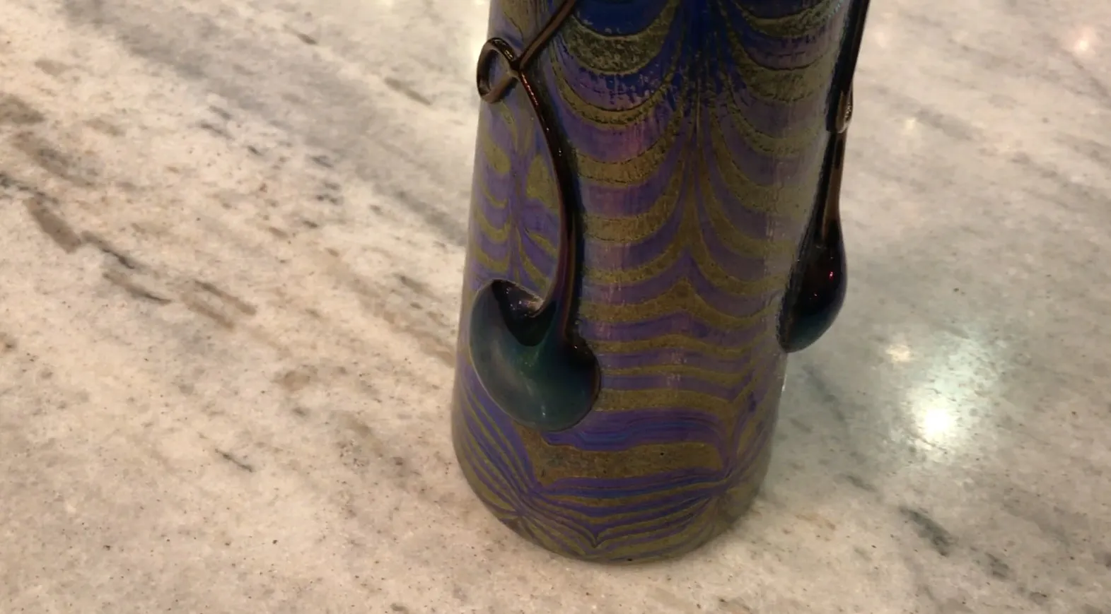 Antique signed glass Loetz with purple and green tones.