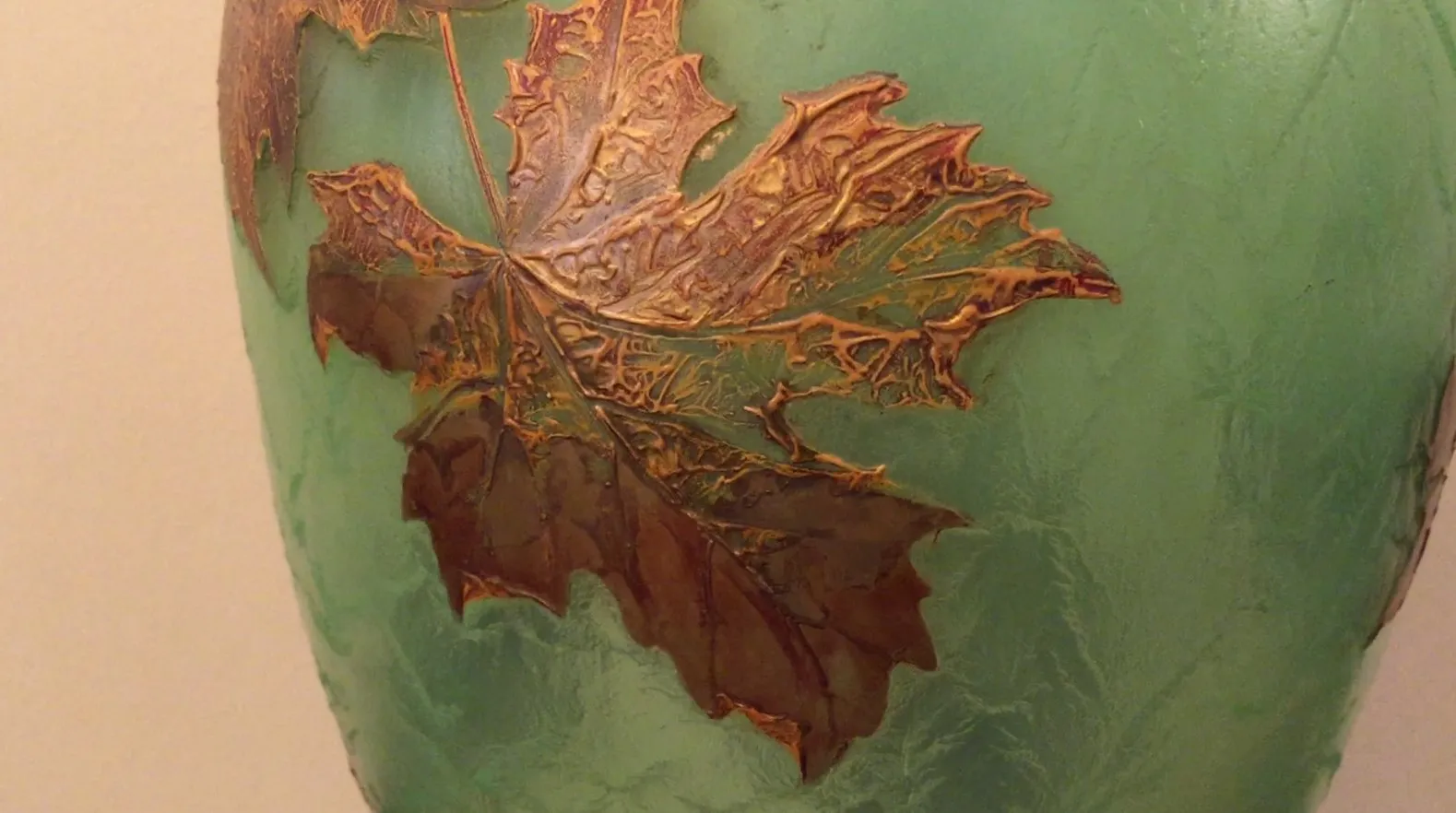 SIGNED GLASS LEGRAS with autumn leaf design in green