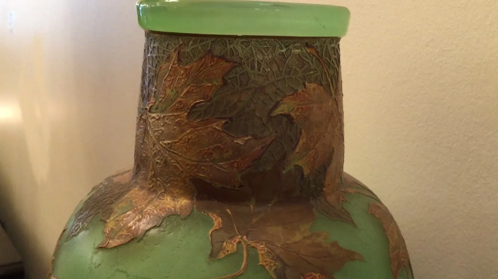 SIGNED GLASS LEGRAS with leaf decorations, antique piece.