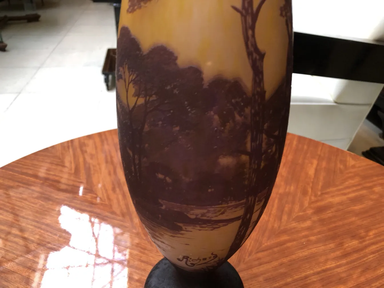 glass signed with tree landscape, antiquity