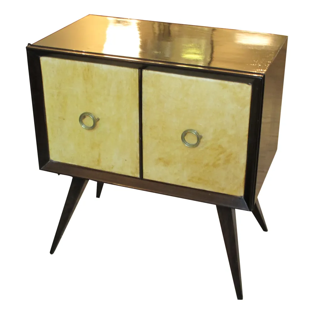 antique bedside table with shiny surface and light drawers