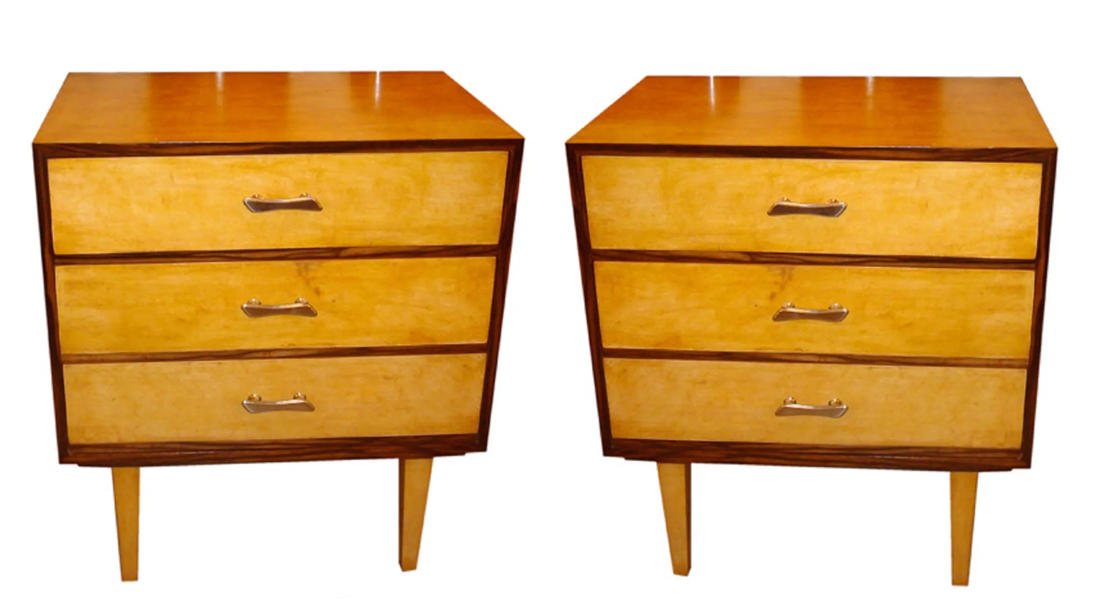 Set of antique bedside tables in light color with three drawers