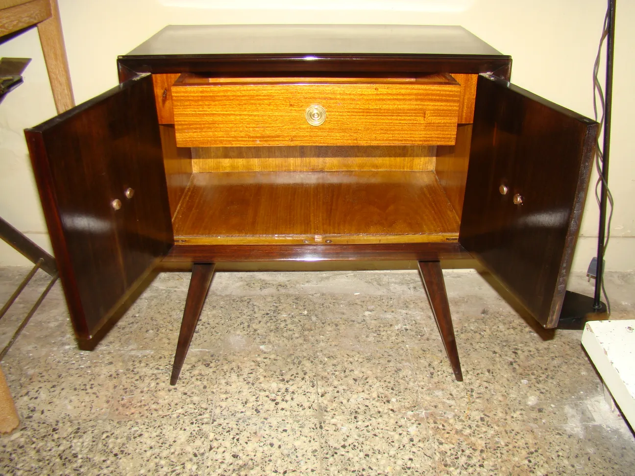 antique bedside table with classic design and two doors