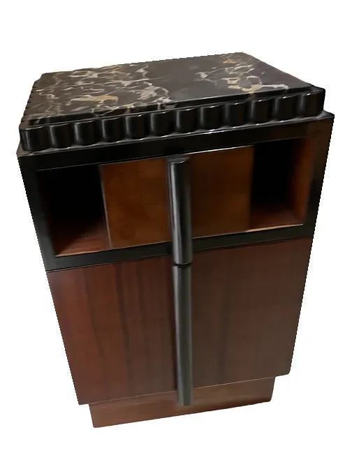 Antique bedside table with shelves, stylish design, cozy atmosphere.