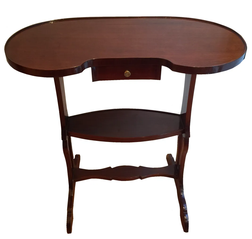 petite table ancienne en bois ovale avec tiroir et étagère inférieure