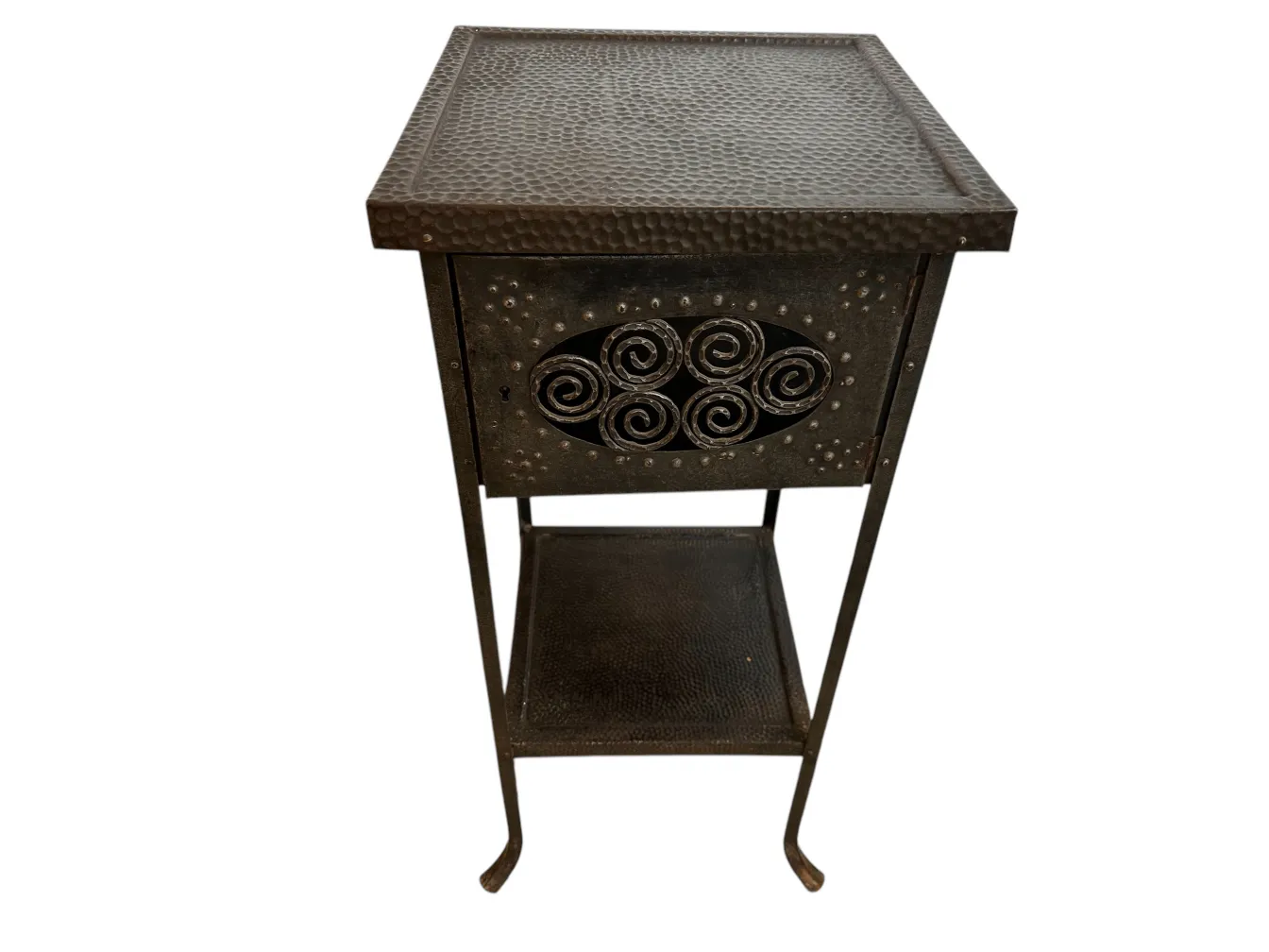 Antique small table with decorative drawer and lower shelf.