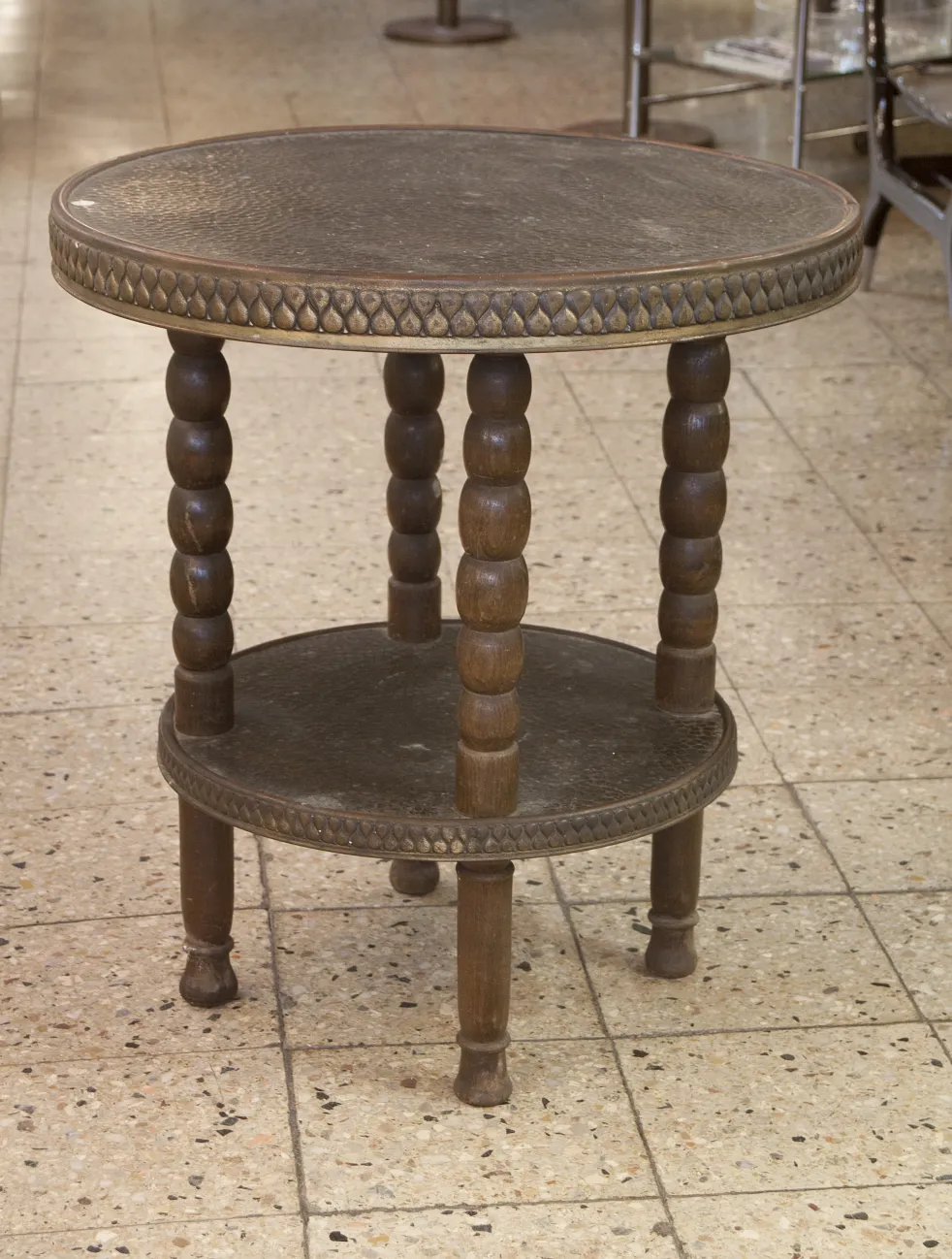 antique small wooden table with two levels and turned legs