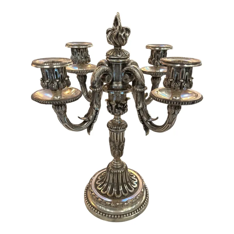 Antique candelabras with five arms and rich ornamentation in a classic setting.