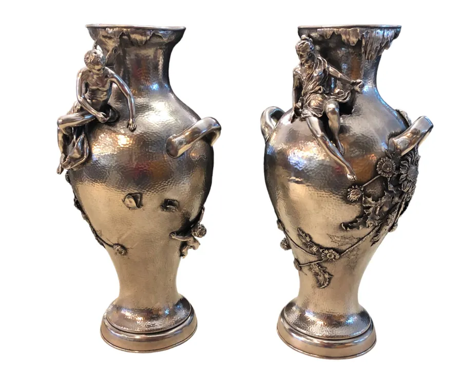 two antique art nouveau vases with decorative figures