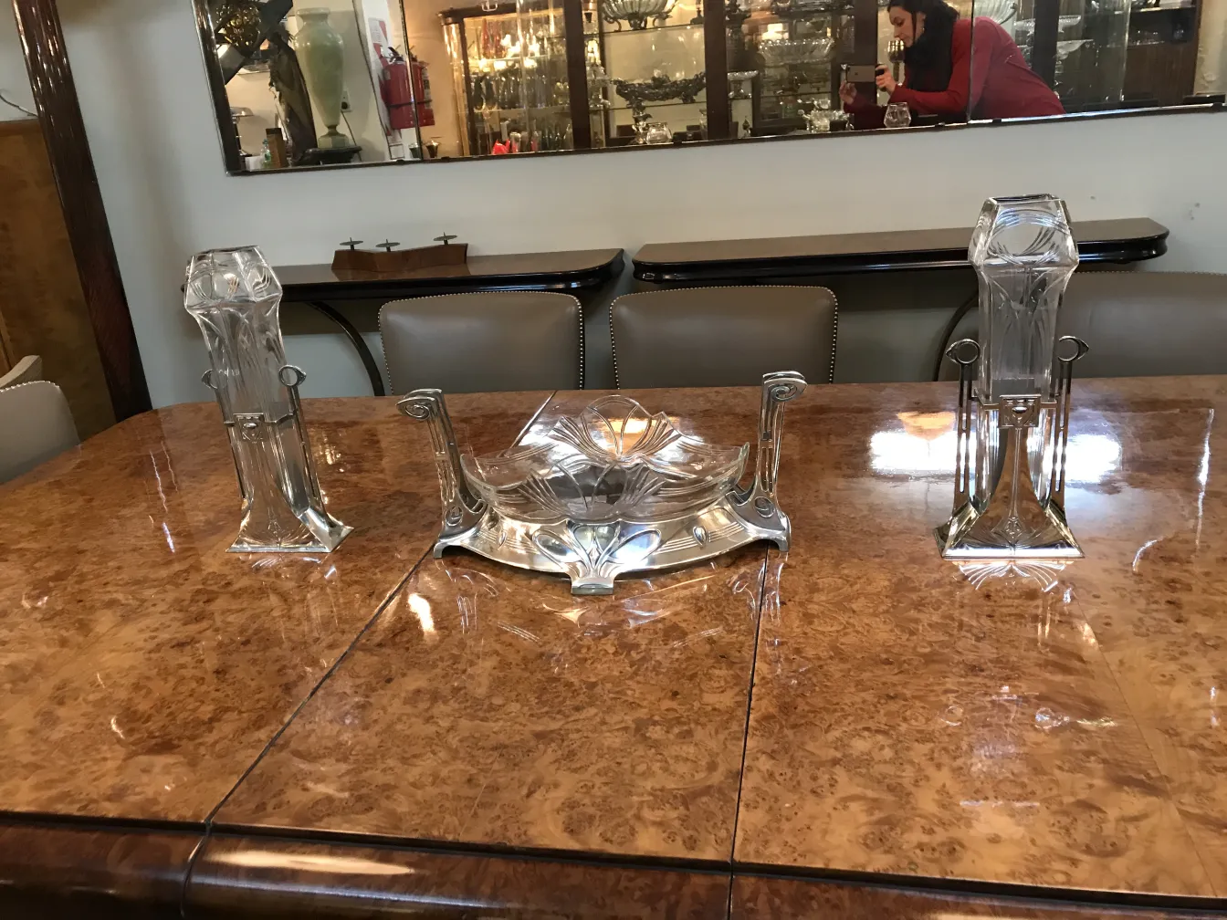 Two antique vases in art nouveau style on dining table