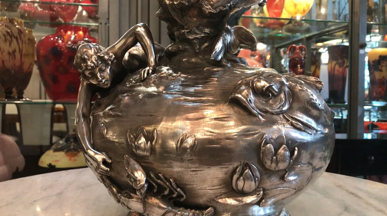 two antique vase decorated with figures and flowers