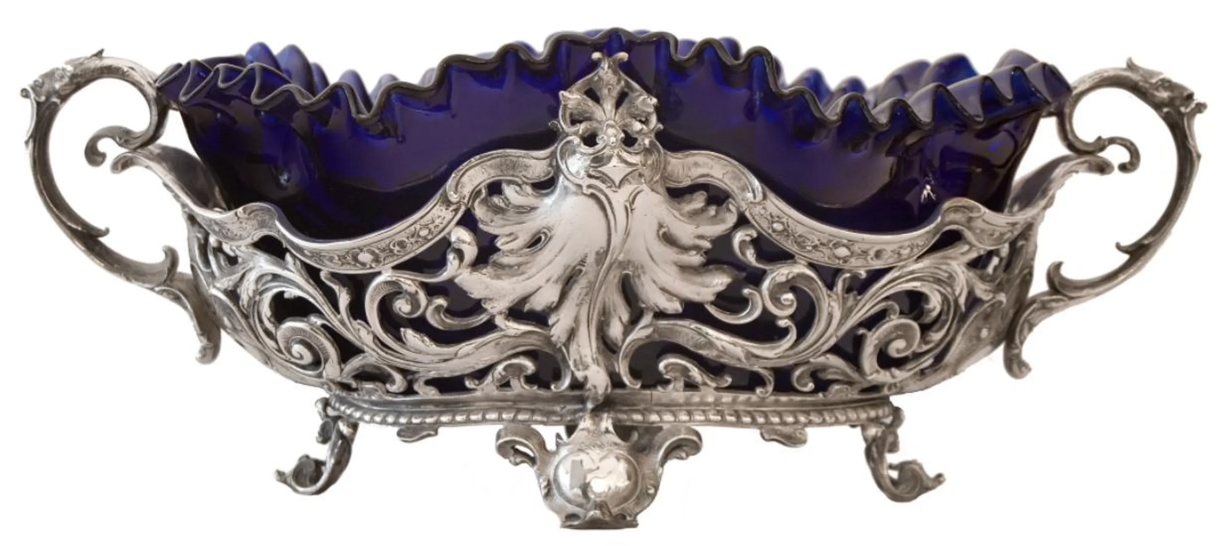 WMF centerpiece in blue with ornate details, elegant setting