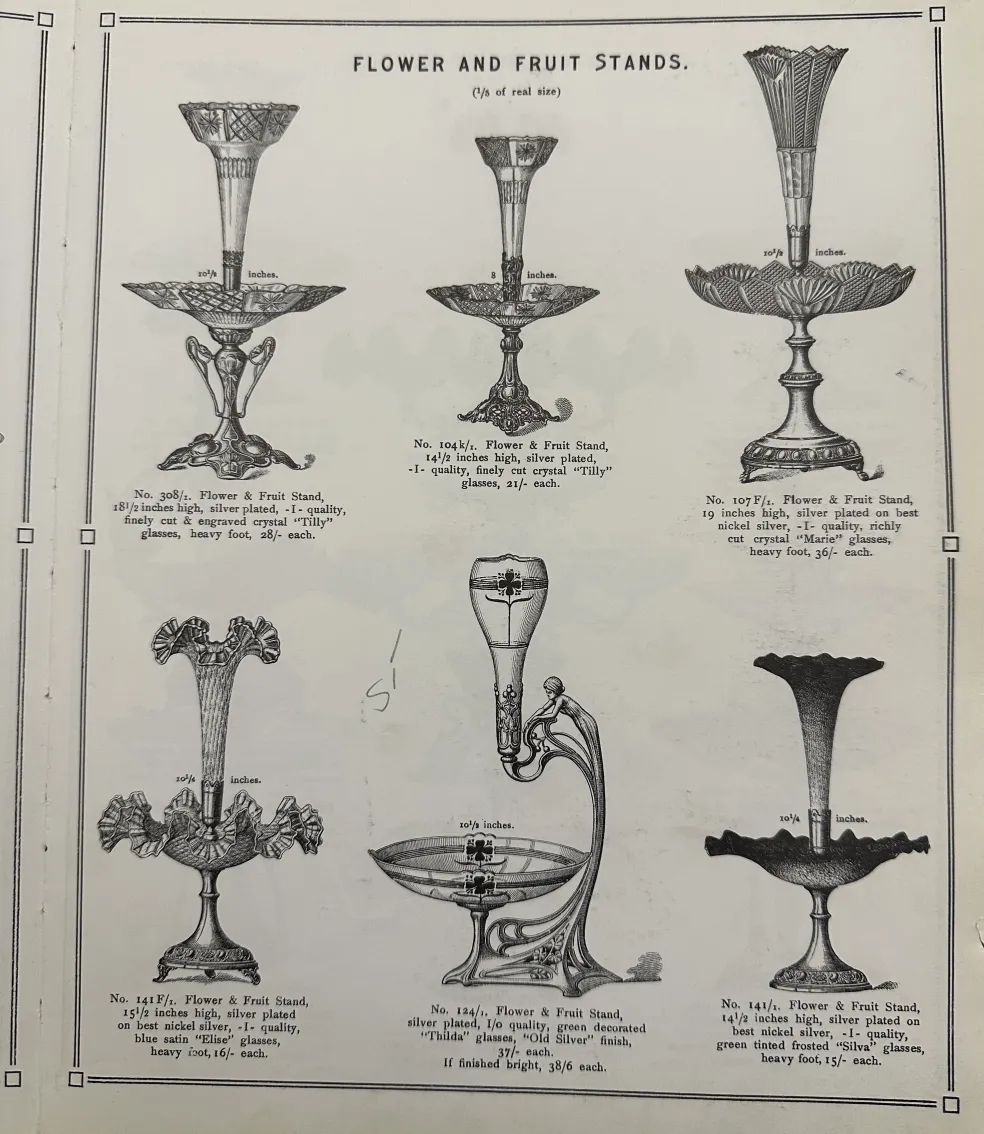 Antiker WMF-Blumentopf zur Dekoration mit Blumen und Früchten in einem dezenten Hintergrund.