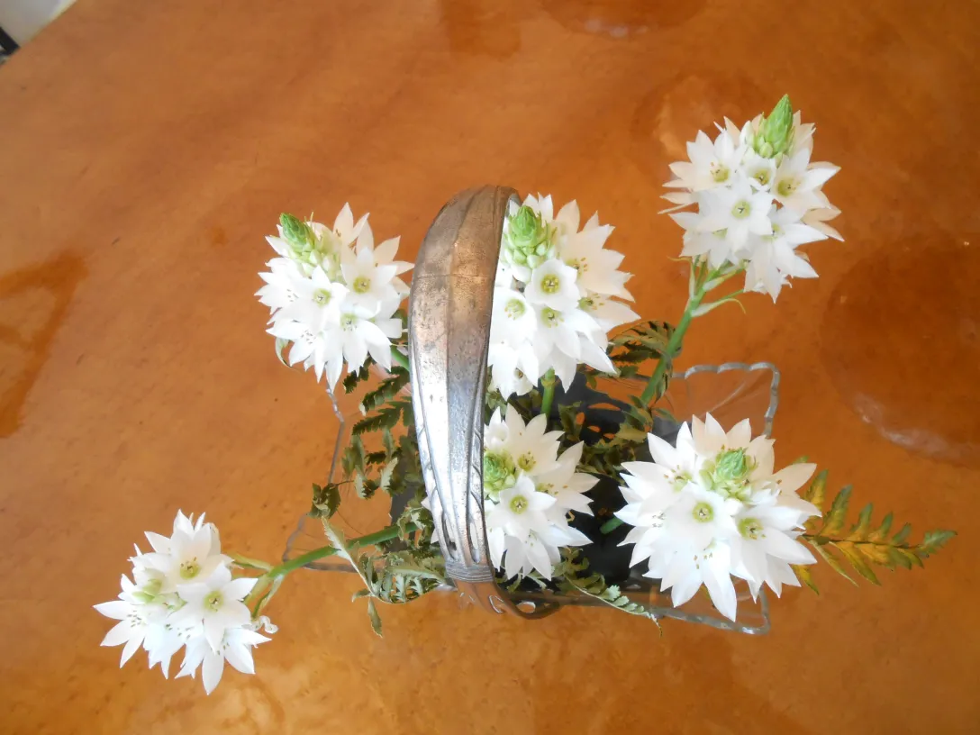 Centro de mesa antigo WMF com flores brancas em um ambiente acolhedor.