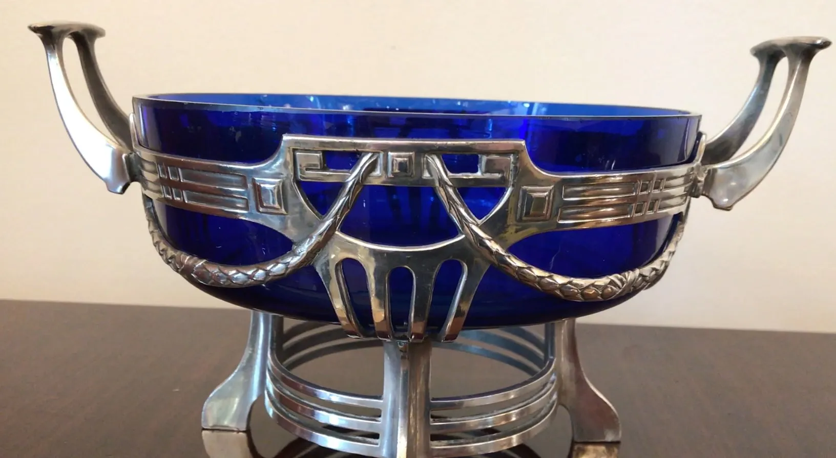 antique WMF planter with decorative blue and silver details, perfect as a centerpiece