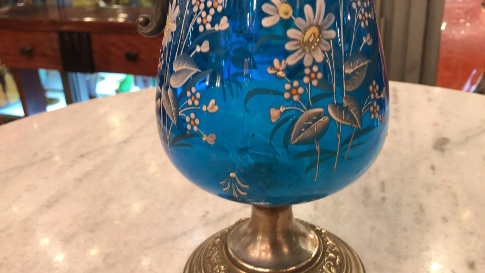 2 jarras wmfs color azul con decoraciones florales y base metálica, estilo antiguo