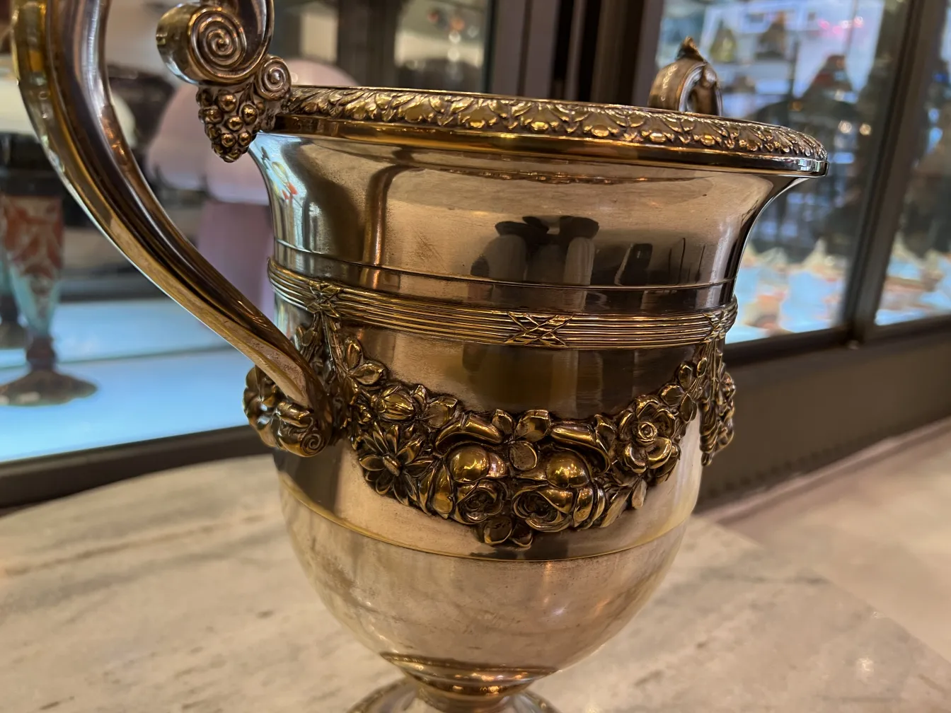 View of antique champagne coolers WMF with floral decorations.