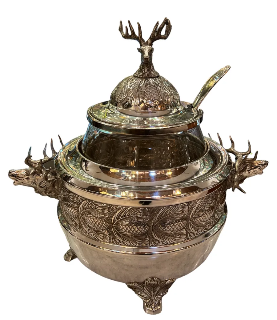 Antique WMF punch bowl with intricate decorations and lid