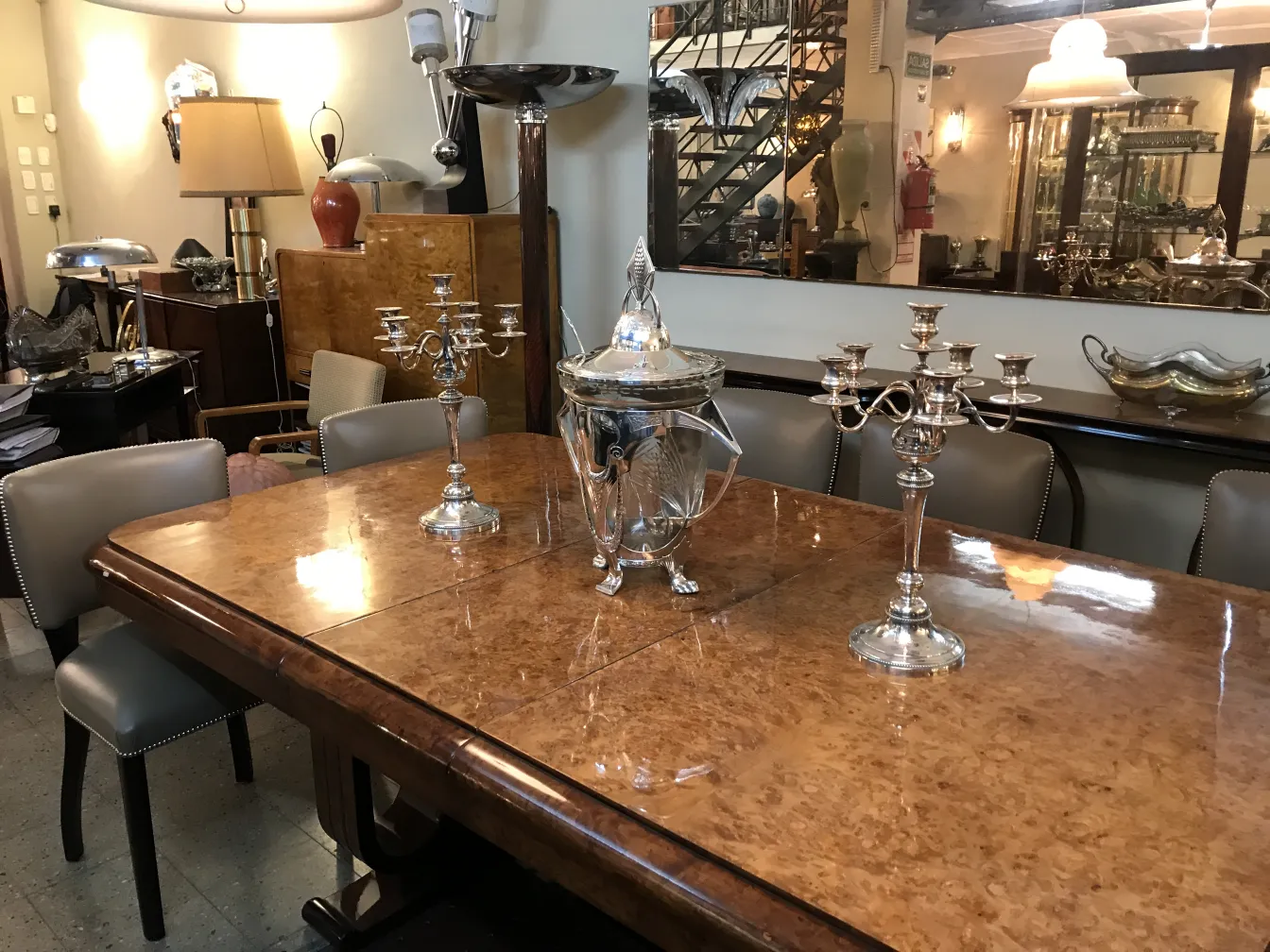 Antigua ponchera WMF decorativa en mesa con candelabros.