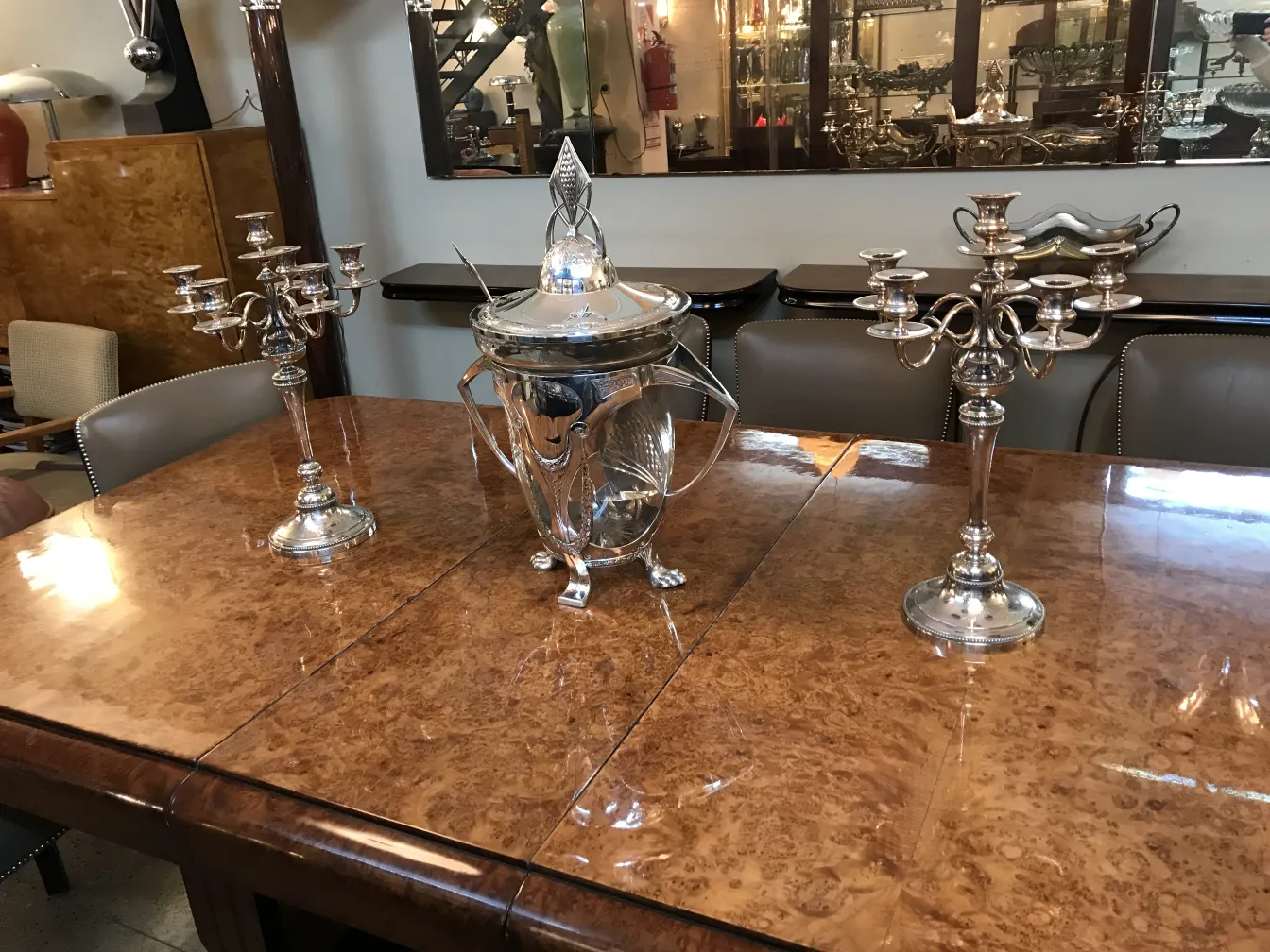 Antique WMF punch bowl on table with candlesticks