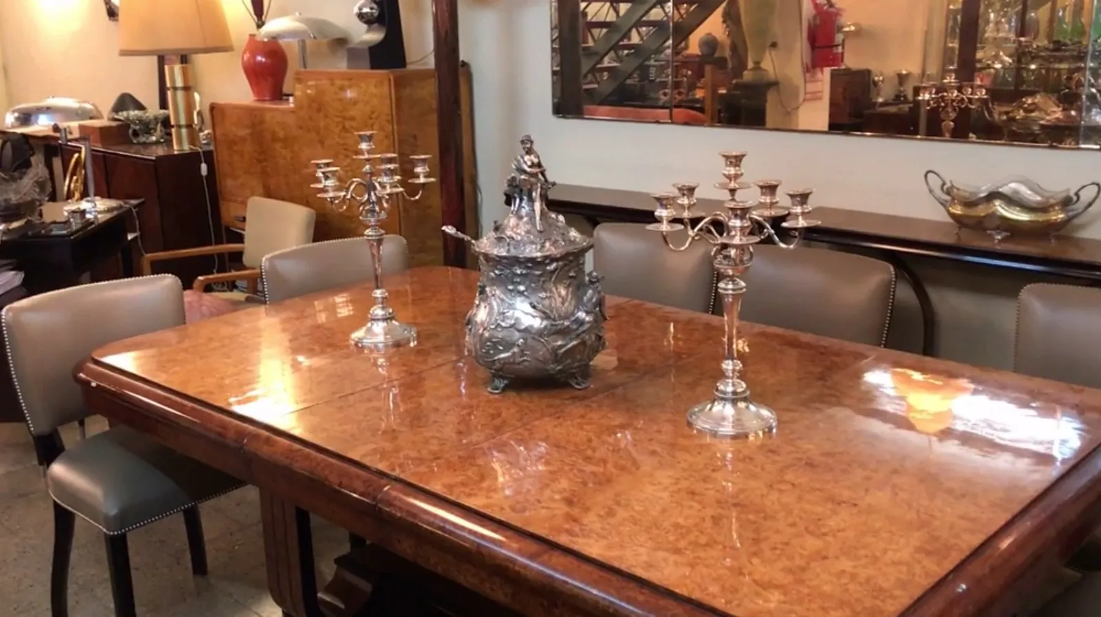 Ancienne bol à punch WMF, décoratif, avec chandeliers et table en bois