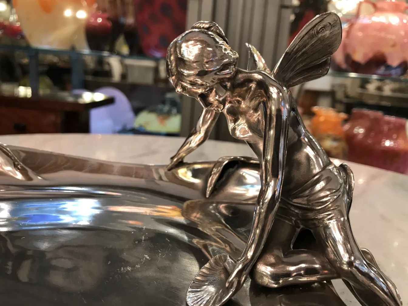 plateau de cartes ancien WMF avec figure de fée en relief